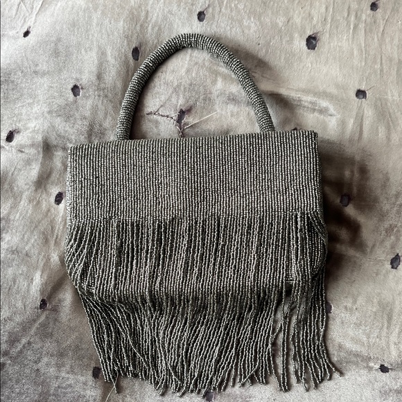 Anthropologie Handbags - Anthropologie Gunmetal Beaded Fringe Top-Handle Bag